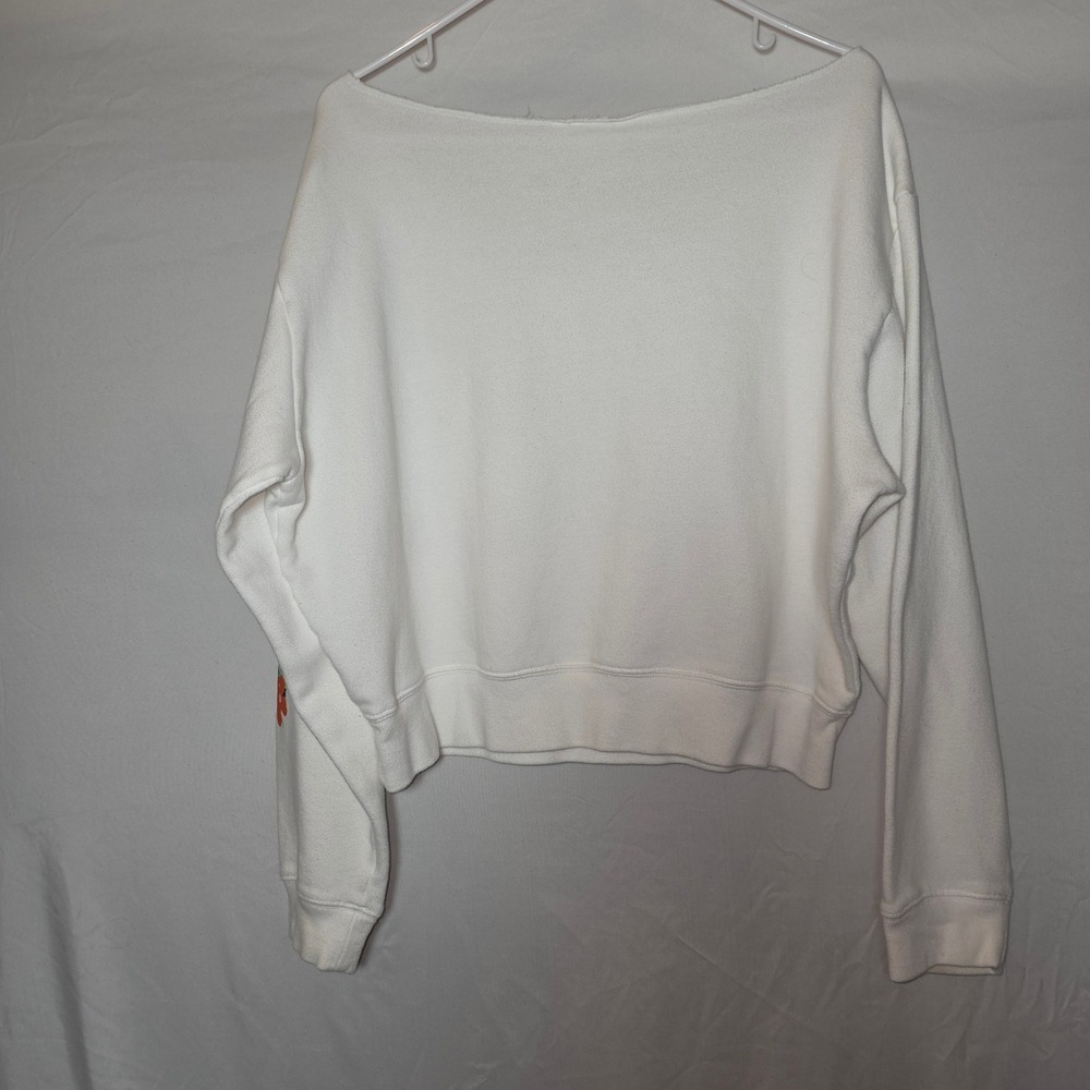 Victoria's Secret PINK White Cropped Sweatshirt Floral Graphic Off Shoulder XL - Picture 2 of 4